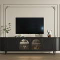 Elegant Black TV Stand With Flat Screen TV Green Plant And Statue On Decorative Wall