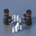 Black Coffee Grinders With White Disposable Cups Arranged Table Display Setup 3d model