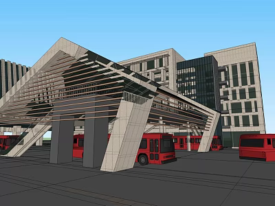 Modern Transit Shelter With Slatted Canopy And Red Buses Near Urban Buildings 3d model