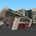 Modern Transit Shelter With Slatted Canopy And Red Buses Near Urban Buildings