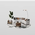 Modern Curved Sofa And Coffee Table Set With Accent Chairs Floor Lamp And Potted Plant