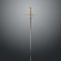 Medieval Sword with Golden Hilt and Silver Blade Ornate Design on Isolated Gray Background