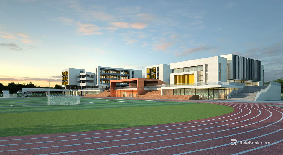 Modern School Building Exterior With White Orange Facades Red Running Track And Green Football Field 3d model 
