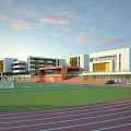 Modern School Building Exterior With White Orange Facades Red Running Track And Green Football Field