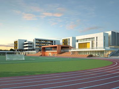Modern School Building Exterior With White Orange Facades Red Running Track And Green Football Field 3d model