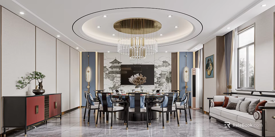 Chinese Style Private Dining Booth With Round Table And Chandeliers 3d model