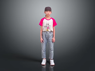 Woman wearing pink and white T shirt blue jeans white sneakers grey background 3d model