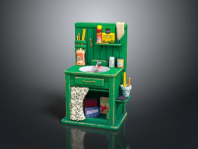 Miniature Green Kitchen Model With Sink Condiment Bottles And Cooking Tools 3d model