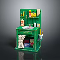 Miniature Green Kitchen Model With Sink Condiment Bottles And Cooking Tools