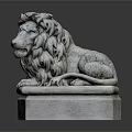 Classic Stone Lion Statue Lying On Square Pedestal With Detailed Mane And Paws
