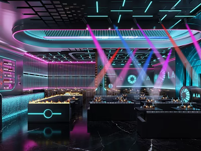 Modern Neon Lit Bar Interior With Colorful Lighting Beams And Black Marble Flooring 3d model