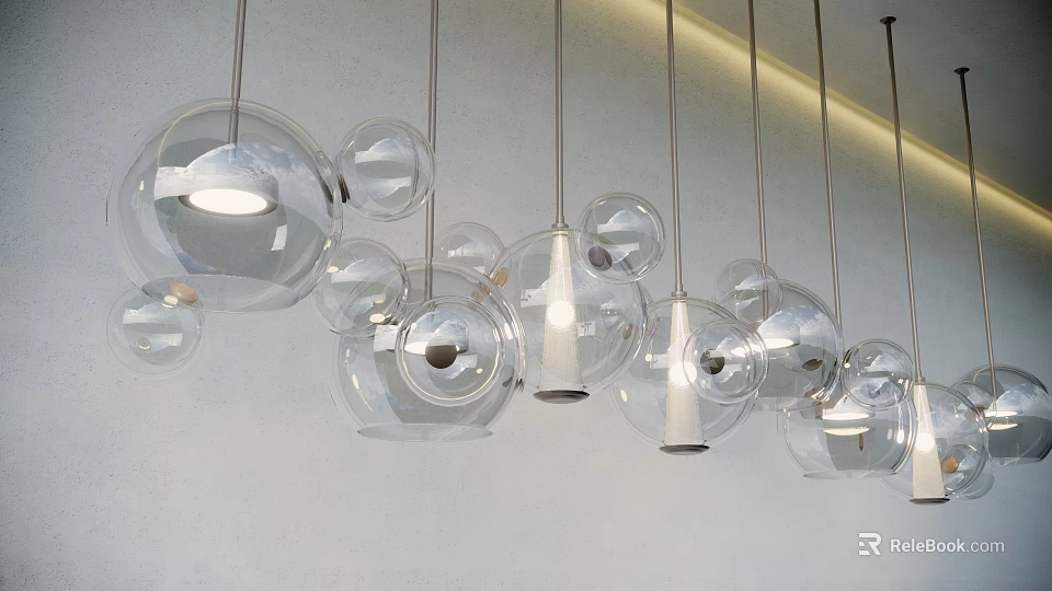 Modern Transparent Spherical Glass Chandeliers Hanging On White Wall With Soft Light 3d model 