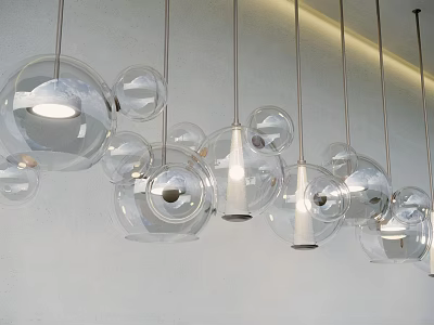 Modern Transparent Spherical Glass Chandeliers Hanging On White Wall With Soft Light 3d model