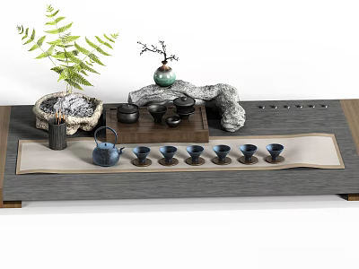 Traditional Tea Set With Wooden Tray Ceramic Teapot Small Cups Decorative Plant And Stone Ornament 3d model