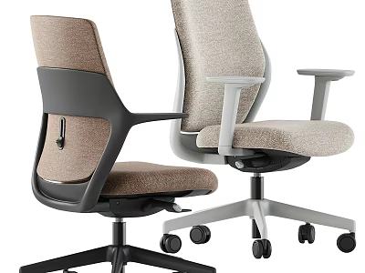Two Modern Office Chairs with Black White Frame Brown Beige Cushion and Wheels 3d model