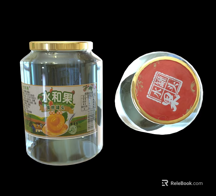 Canned Shui He Guo Fruit in Glass Jar with Golden Lid and Red Label 3d model 