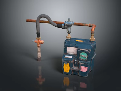 Industrial Equipment With Blue Meter Gauge Copper Pipes And Gray Hose Connections 3d model