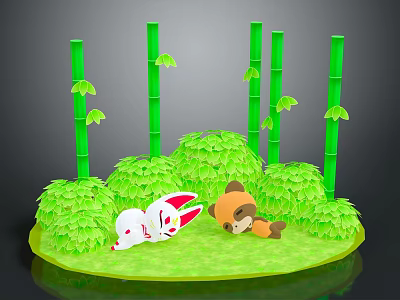 Cartoon Scene With Green Bamboo Stalks Leafy Bushes White Rabbit And Brown Raccoon On Grass 3d model
