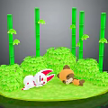 Cartoon Scene With Green Bamboo Stalks Leafy Bushes White Rabbit And Brown Raccoon On Grass