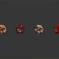Four Potted Flowers of Different Colors in Black Pots with Gray Background and Reflections
