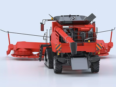Red Agricultural Functional Vehicle with Large Cutting Equipment Black Tires Orange Warning Stripes and Cab 3d model