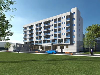 Modern School Building Featuring Large Windows And Multi Storey Structure With Green Lawn And Trees 3d model
