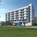 Modern School Building Featuring Large Windows And Multi Storey Structure With Green Lawn And Trees