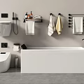White Bathtub In Modern Bathroom With Smart Toilet Towel Rack And Toiletries Storage