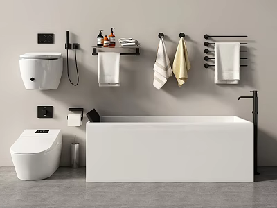 White Bathtub In Modern Bathroom With Smart Toilet Towel Rack And Toiletries Storage 3d model