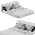 Minimalist Beige Double Bed With Soft Linen Mattress And Decorative Pillows