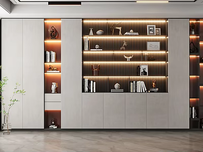 Elegant Modern Bookcase Interior Design With LED Lighting Decorative Items And Books 3d model