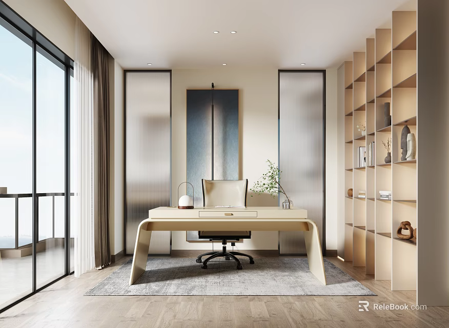 Modern Study Room Interior with Large Windows Curtains Desk Chair Wall Art and Bookshelves 3d model 