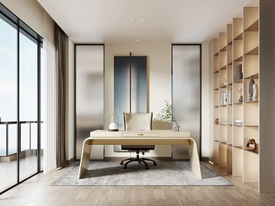 Modern Study Room Interior with Large Windows Curtains Desk Chair Wall Art and Bookshelves 3d model
