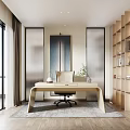 Modern Study Room Interior with Large Windows Curtains Desk Chair Wall Art and Bookshelves