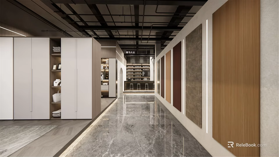 Modern Specialty Store Interior With Display Walls And Polished Marble Flooring 3d model 