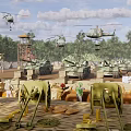 Military Study Expansion Activity Scene With Helicopters Tanks Soldiers Wooden Crates And Sandbags