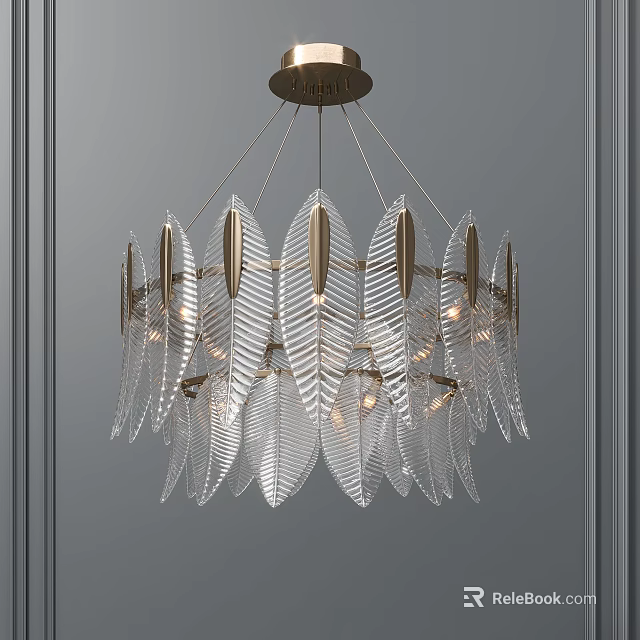 Transparent Leaf Shaped Glass Chandelier With Brass Frame For Modern Interior 3d model