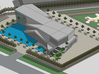 Modern Architectural Building Design With Water Pool Green Plants And Pathways 3d model