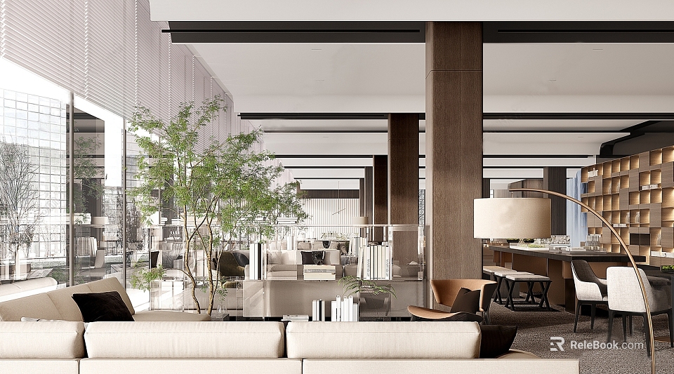 Modern Hotel Public Lounge Interior Design With Comfortable Sofa And Green Plants 3d model 