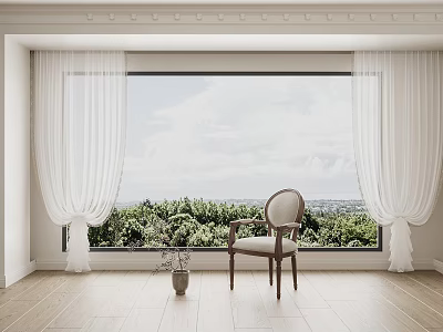 White Sheer Curtains Framing Large Window With Green Landscape In Modern Room 3d model