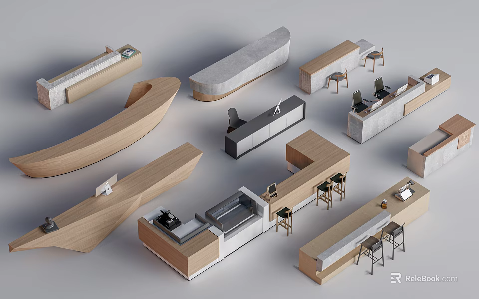 Various Modern Reception Desk Designs With Wooden Concrete Finishes And Chairs 3d model 