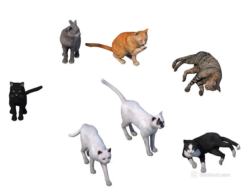 Various Colored Cats in Different Playful Poses and Positions 3d model 
