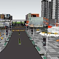 Modern Commercial Street District with High Rise Buildings Central Plaza and Urban Facilities