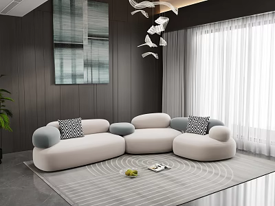 Modern Living Room Featuring Beige Sectional Sofa Gray Patterned Pillows Circular Rug And Wall Art 3d model