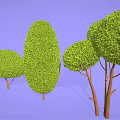 Cartoon Scenery With Various Shaped Green Shrubs Against Purple Background And Brown Tree Trunks