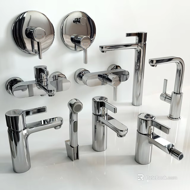 Different Styles Of Bathroom And Kitchen Faucets With Various Designs Displayed On White Background 3d model 