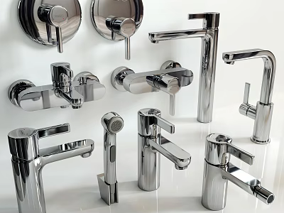Different Styles Of Bathroom And Kitchen Faucets With Various Designs Displayed On White Background 3d model