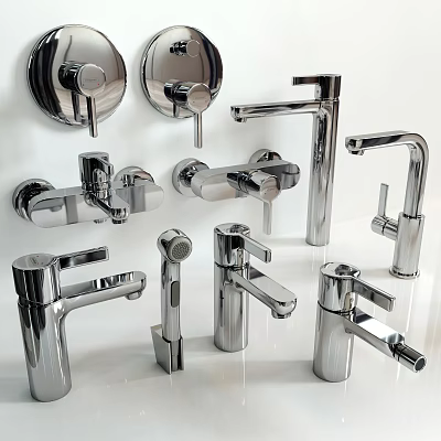 Different Styles Of Bathroom And Kitchen Faucets With Various Designs Displayed On White Background 3d model