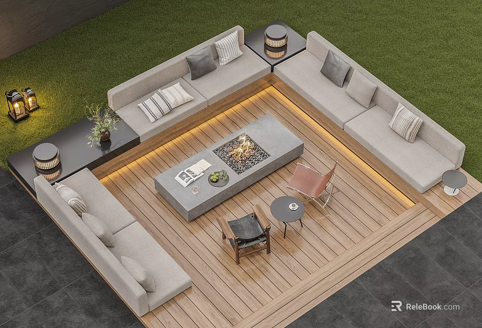 Modern Outdoor Sofa Set With Fire Pit Table On Wooden Deck And Side Tables 3d model