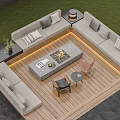 Modern Outdoor Sofa Set With Fire Pit Table On Wooden Deck And Side Tables 3d model
